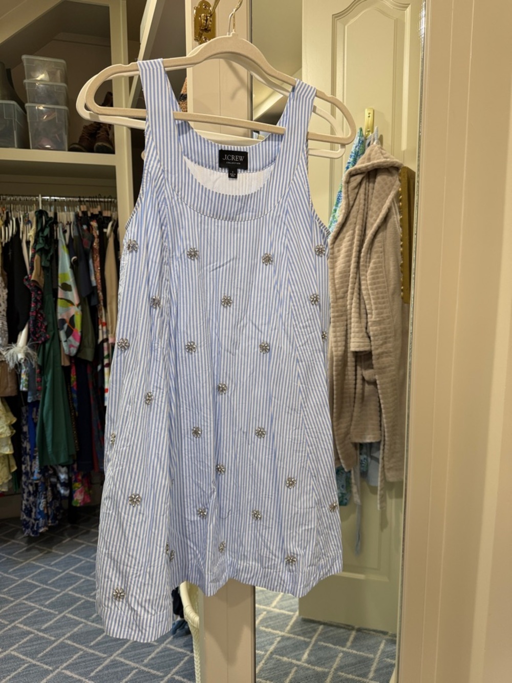 J. Crew Blue & White Striped Embellished Tank Dress